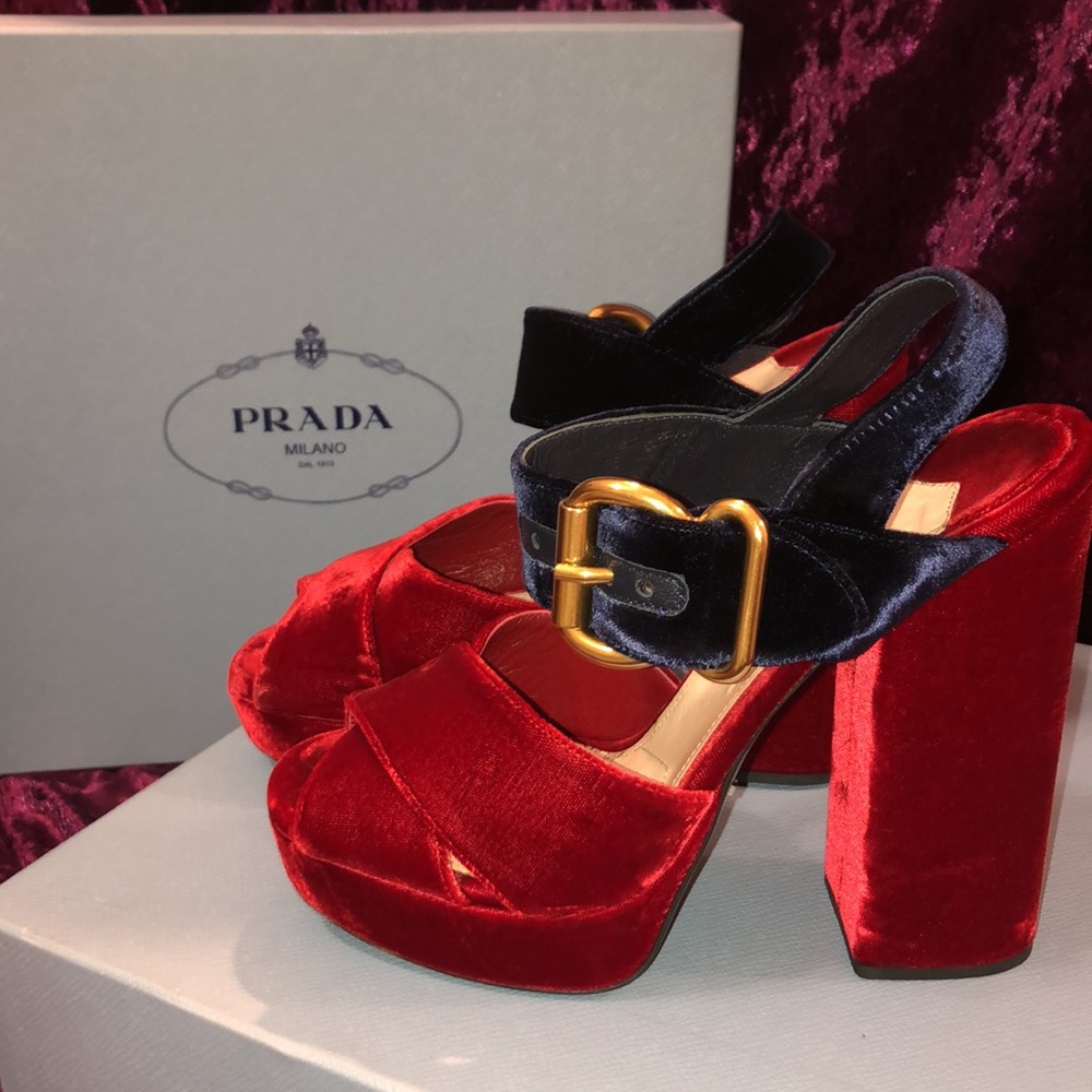 Prada Velvet Chunky Heel Sandals